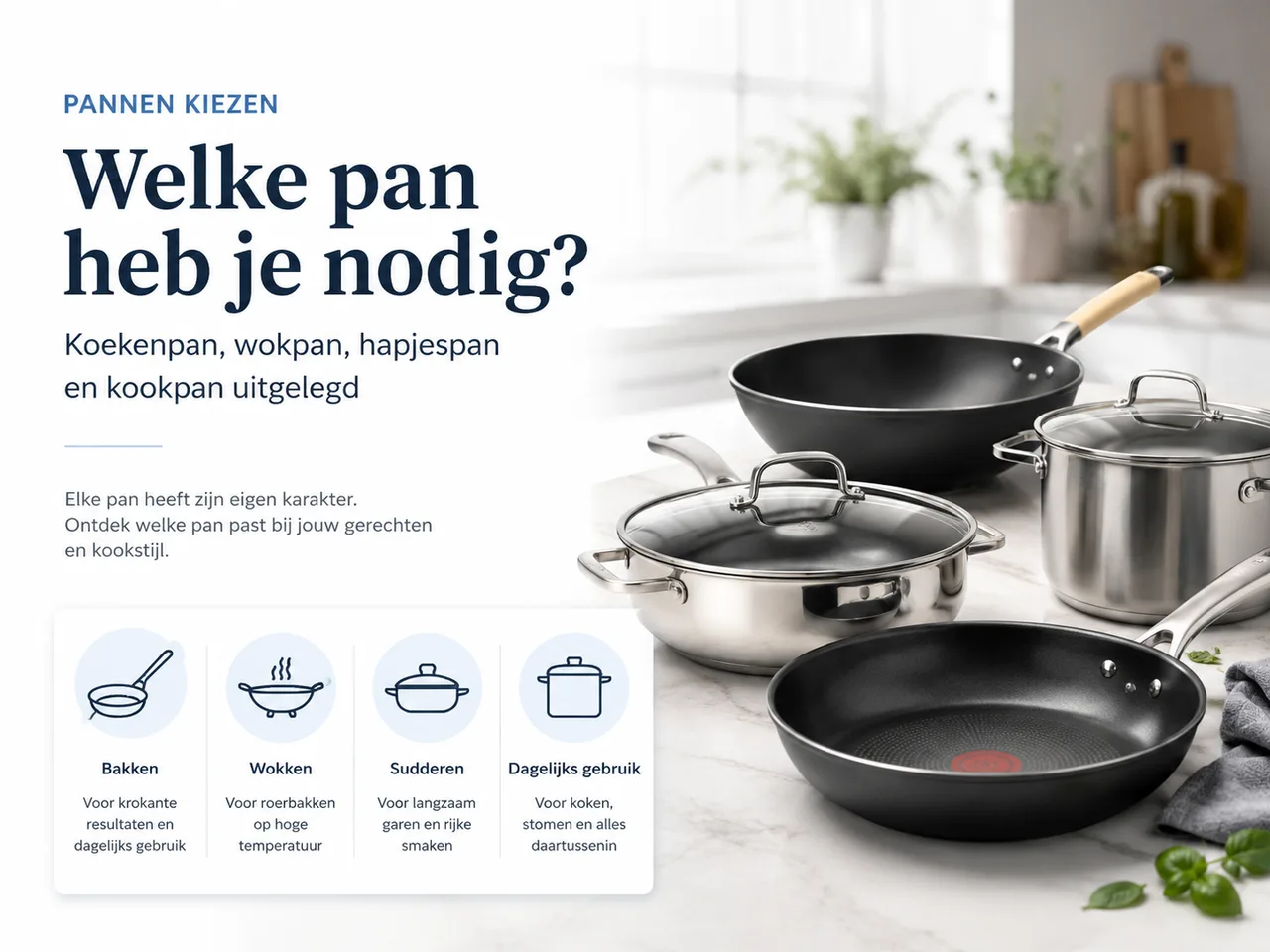 Welke pan past bij jouw keuken? Koekenpan, wokpan, hapjespan en kookpan uitgelegd